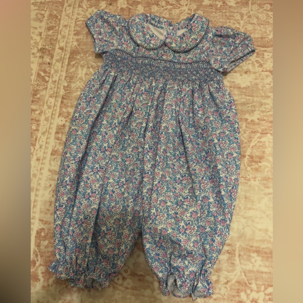 Blue Floral Smocked Baby One-Piece Bodysuit